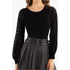 Mango Pop Lace Sleeve Bodysuit Long Sleeve Top Black XS‎ Bodycon Sexy Chic NWT
